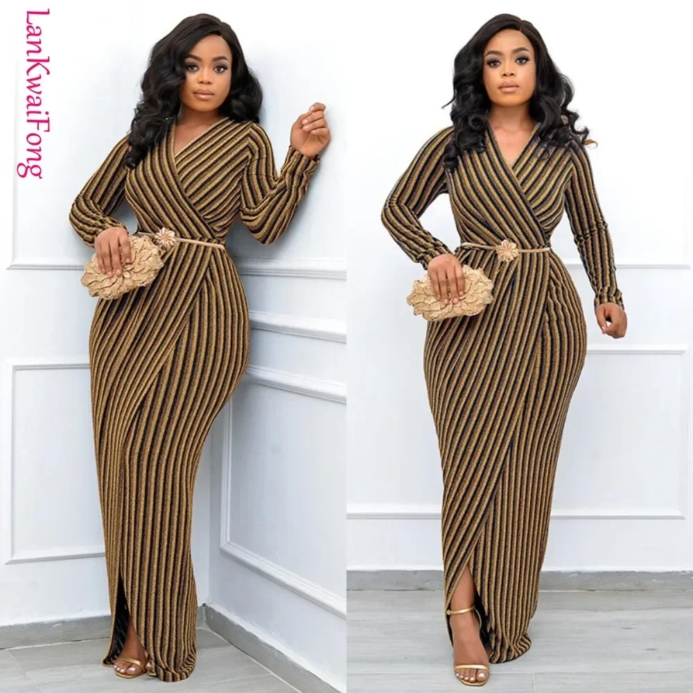 . New African Women's Banquet Dress Sexy Split Gold and Silver Stripe Wrapped Hip Party Dress