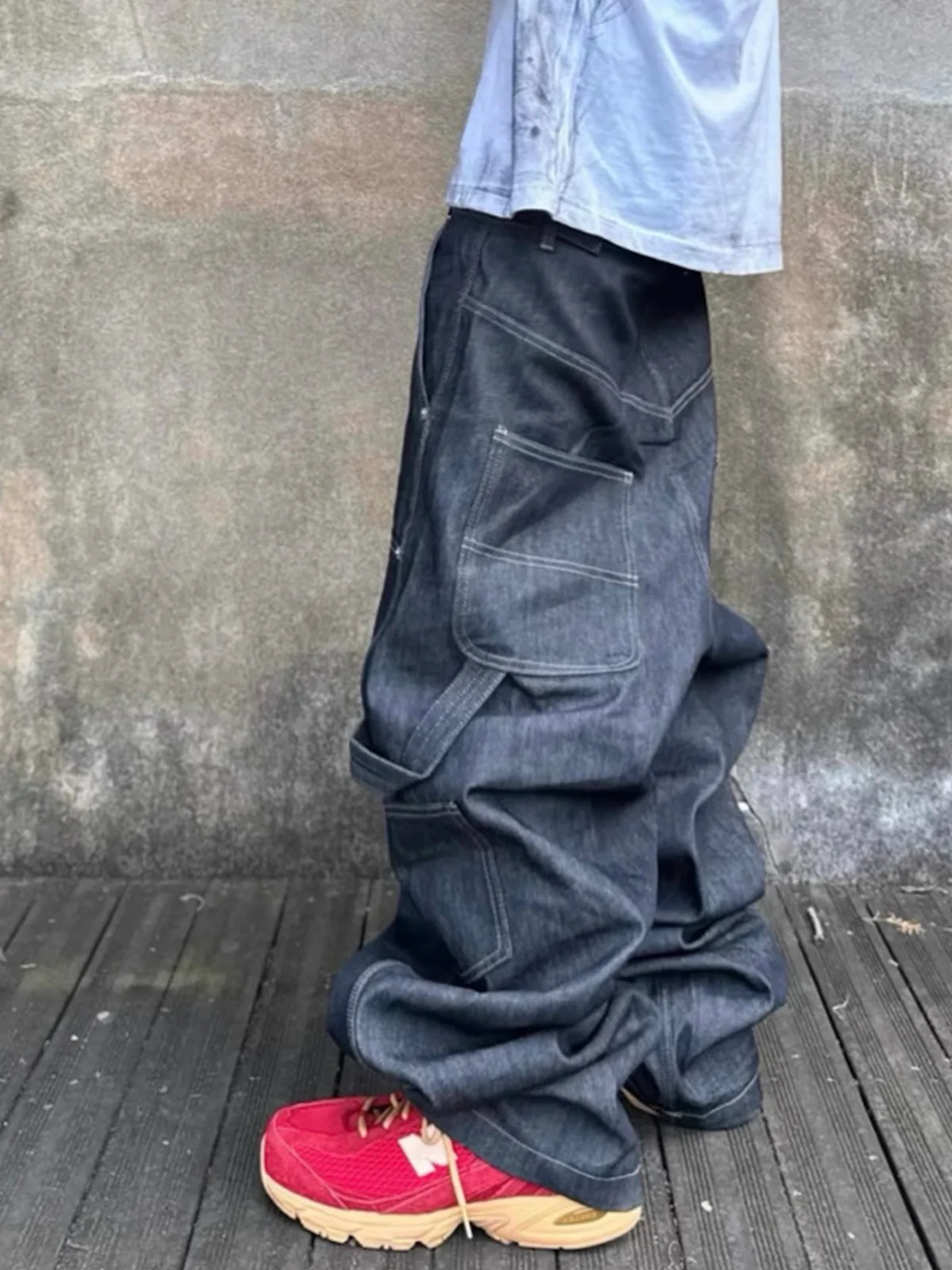 MIJKO Celana Jeans Biru Lurus Pakaian Kerja Celana Sapi Asli Bordir Banyak Saku Siluet Nyaman untuk Pria dan Wanita