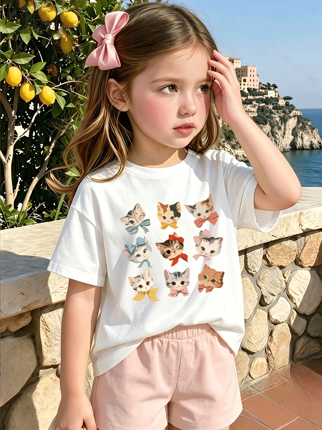 Kids Cute Bow Kitten Cat Collection Animal Graphic Tee Boys Girls Family Matching Short Sleeve Lovely Sweet Everyday T Shirt