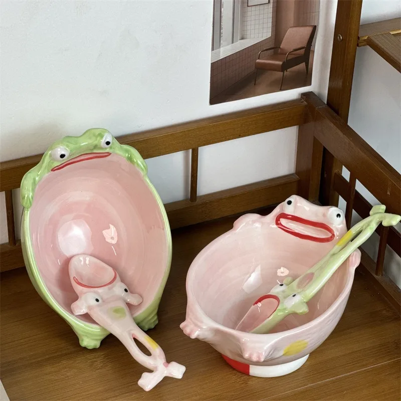 Cuenco de cerámica de rana abstracta, plato caprichoso de gran capacidad para arroz postre, regalo único para amigos