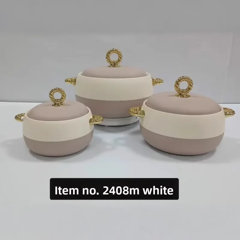 Stainless Steel Thermal Lunch Box Set 3 Piece Gold Handle Insulated Food Container 2.1-3L Capacity Model 2408 Portable Bento