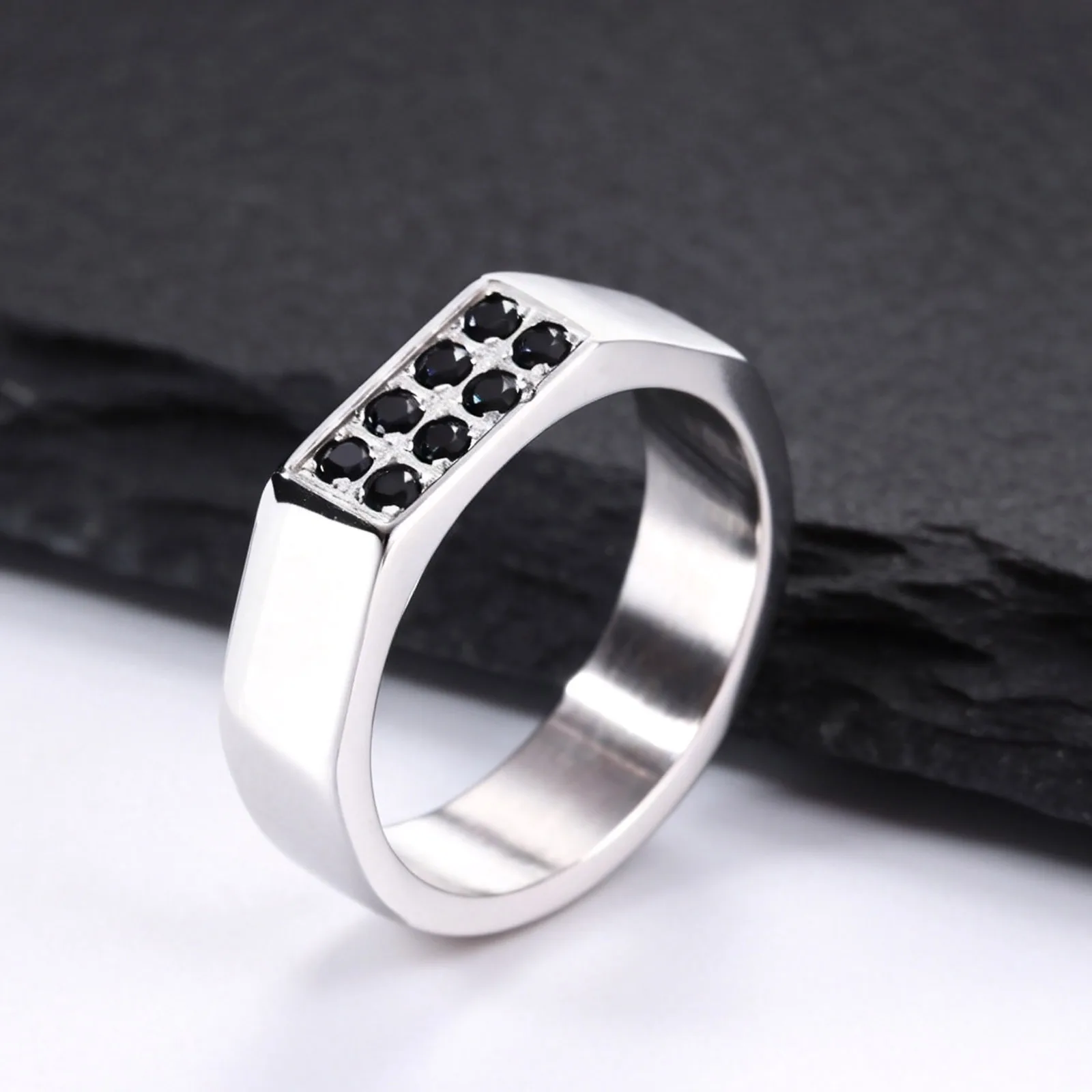 Men's Black CZ Inlaid Stainless Steel Ring,6mm Width Rectangular Polished Band Ring,Minimalist Wedding Daily Wear Jewelry Gift