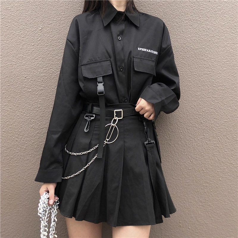 Emo T Shirt Women Aesthetic Clothes Female Hip Hop Black Top Y2k Skirt Set Grunge E-Girl Mall Goth T-Shirts Techwear Dress Indie