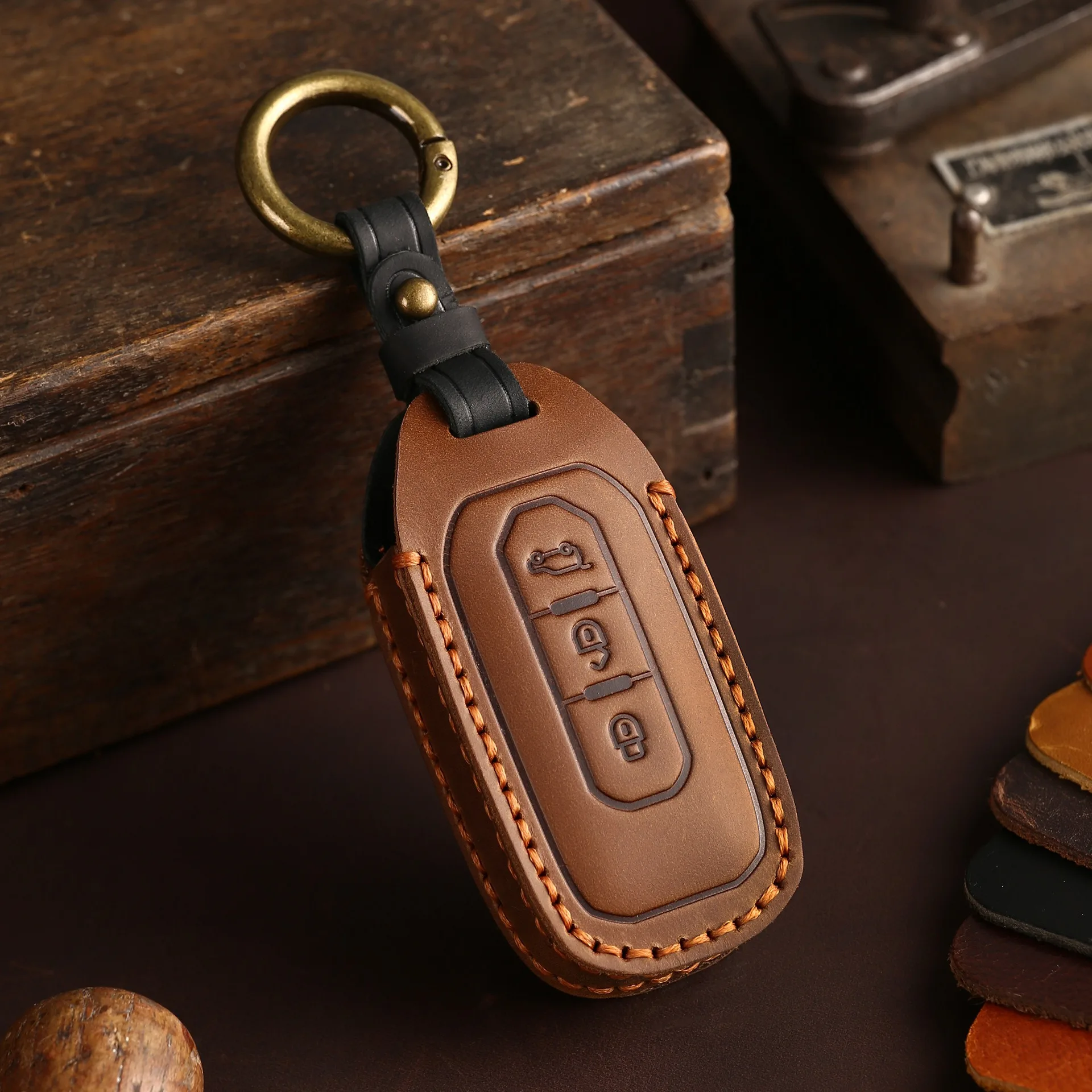 Leather Car Fob Key Cover Shell Holder for Ford Transit Custom Territory EcoBoost 2017-2021 Protector Case