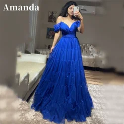 Amanda Gliiter Sapphire Blue Prom Dress 2023 Shiny Off Shoulder Vestidos De Noche Sexy V-neck Multilayer فساتين مناسبة رسمية