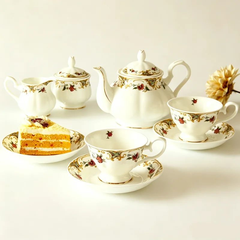 21pcs set, real bone china coffee tea sugar set, porcelain taza nespresso, tea cup set, milk oolong tea pot set, afternoon tea