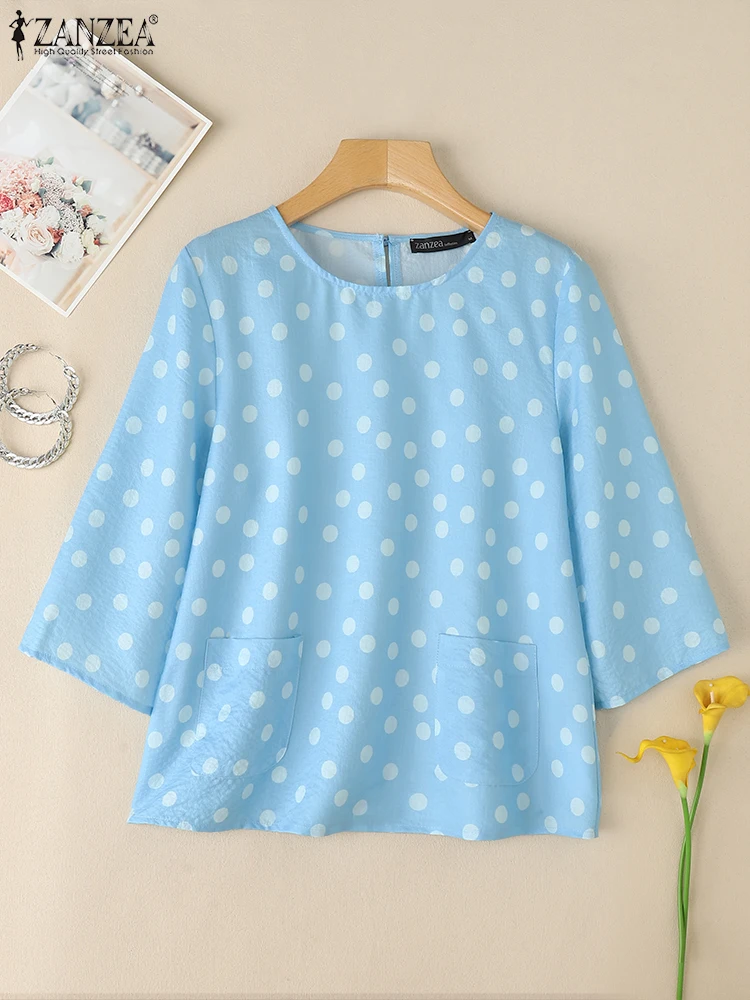 

ZANZEA Vacation O-Neck Blouses 2025 Summer Woman 3/4 Sleeve Polka Dot Blusas Mujer Day Wear Patch Pockets Casual Tunic Tops