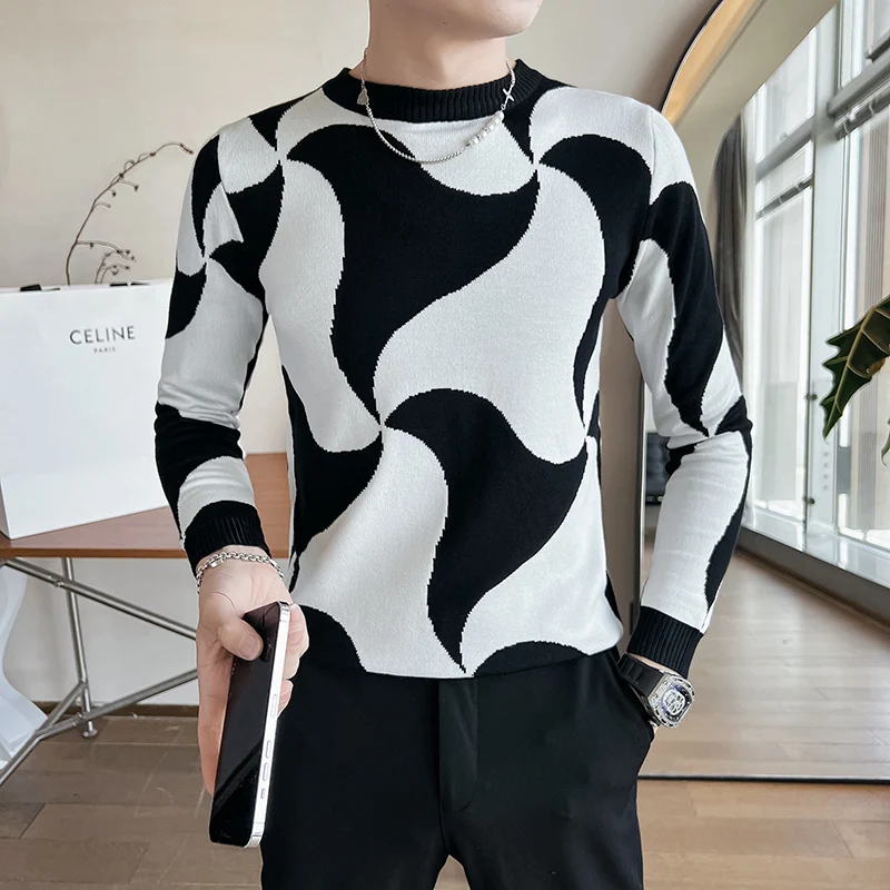 2022 Autumn Winter Stretch Jacquard Woven Crew Neck Sweater For Men Clothing High Quality Long Sleeve Slim Fit Knitted Pullovers