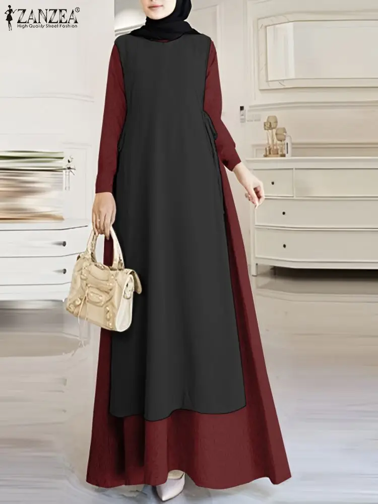 

ZANZEA Autumn Muslim Dress Abaya Hijab Vestido Islamic Clothing Robe Femme Vintage Long Sleeve Patchwork Sundress Maxi Dresses