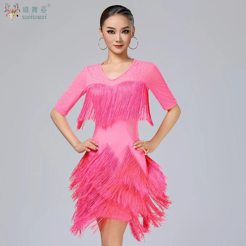 أزياء أداء الرقص اللاتيني الراقية فستان شرابة مثير الكبار الإناث التانغو سامبا تشاتشا الممارسة المهنية الزي #5