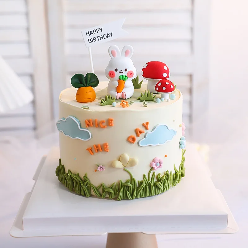 Cute Carrot Rabbit Baby Birthday Cake Topper Decoration Mori Ornaments Red Mushroom House Bow Tie Silicone Mould Baking Supplies