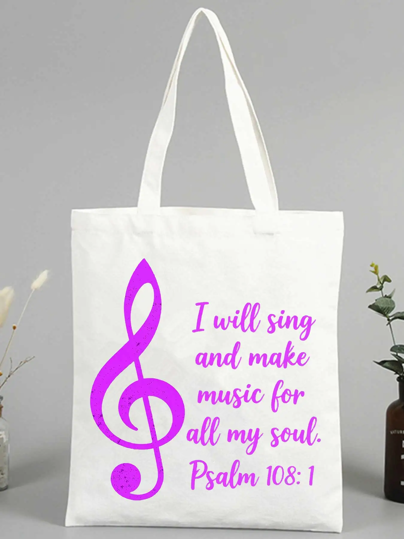 treble clef and typography print canvas tote bag, casual style for daily shopping and music-inspired outings