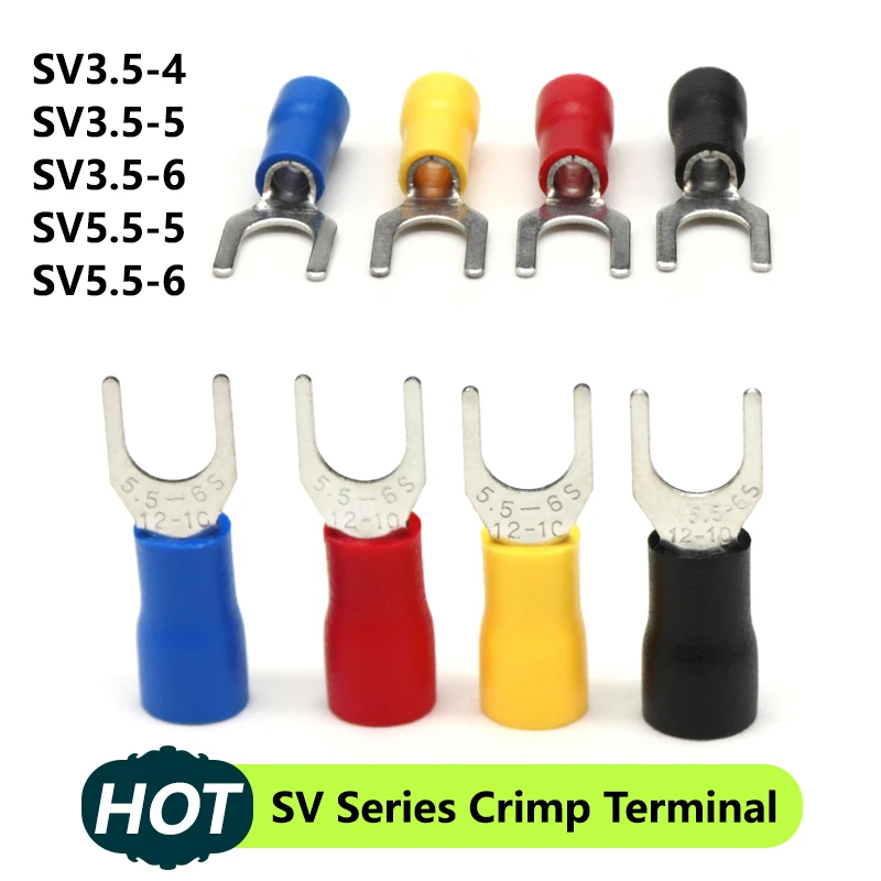 20pcs SV Series Crimp Terminal SV3.5 SV5.5 Fork U Y  PVC Insulate Ferrules Block Spade Cold Press Cable End Crimp Connector