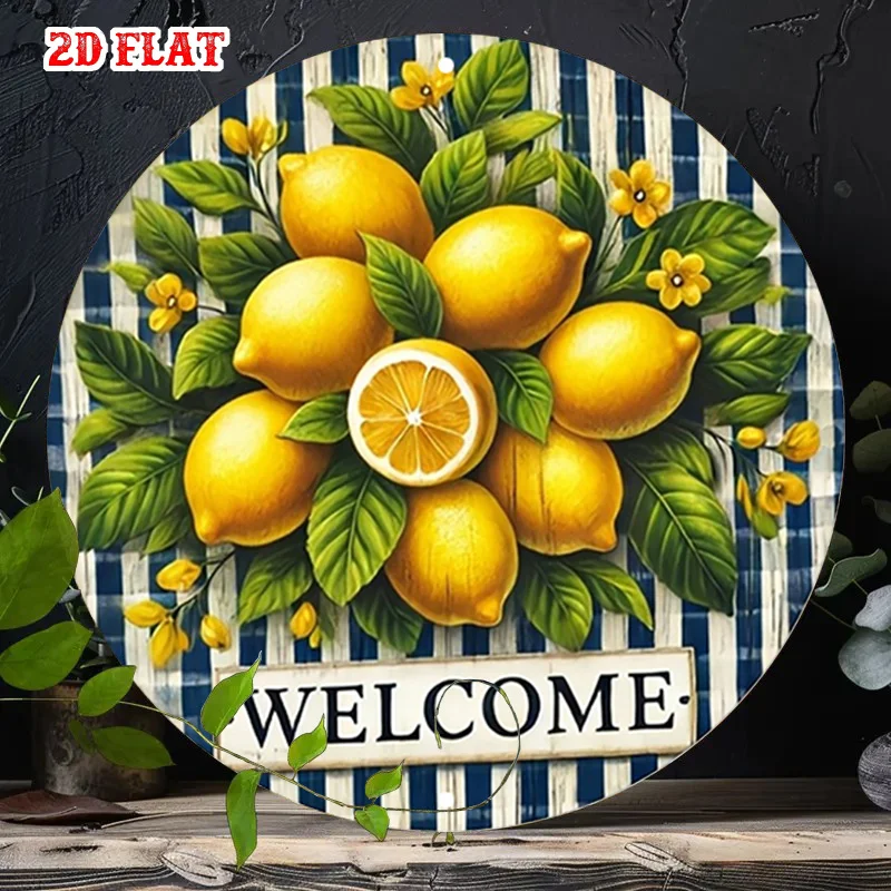 2D Flat - A Cheerful Round Aluminum Sign Measuring 7.8X7.8 Inches, Featuring a Welcome Message. This Blue And White Metal Tin