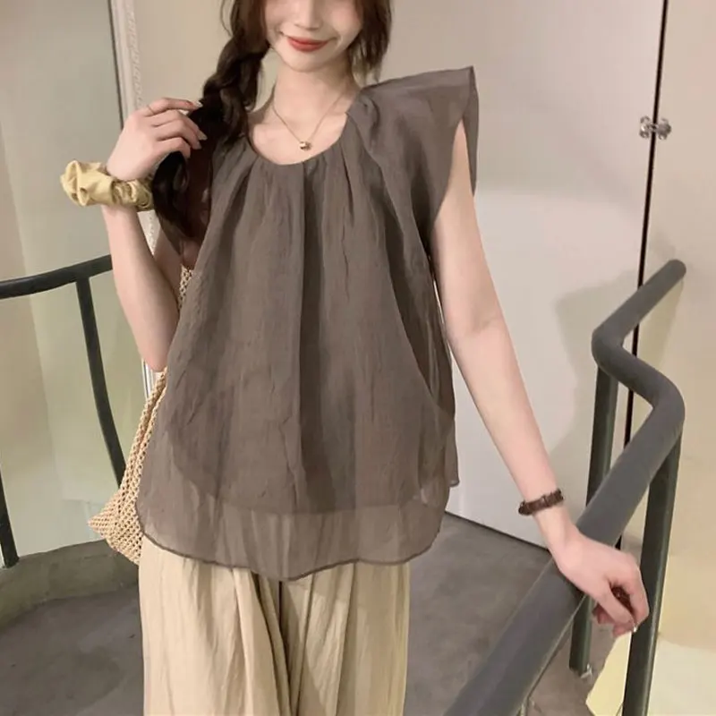 Fashion Vintage Loose Folds Blouse Summer Korean Flying Sleeve Women\'s Clothing Solid Color All-match Casual Round Neck Shirt