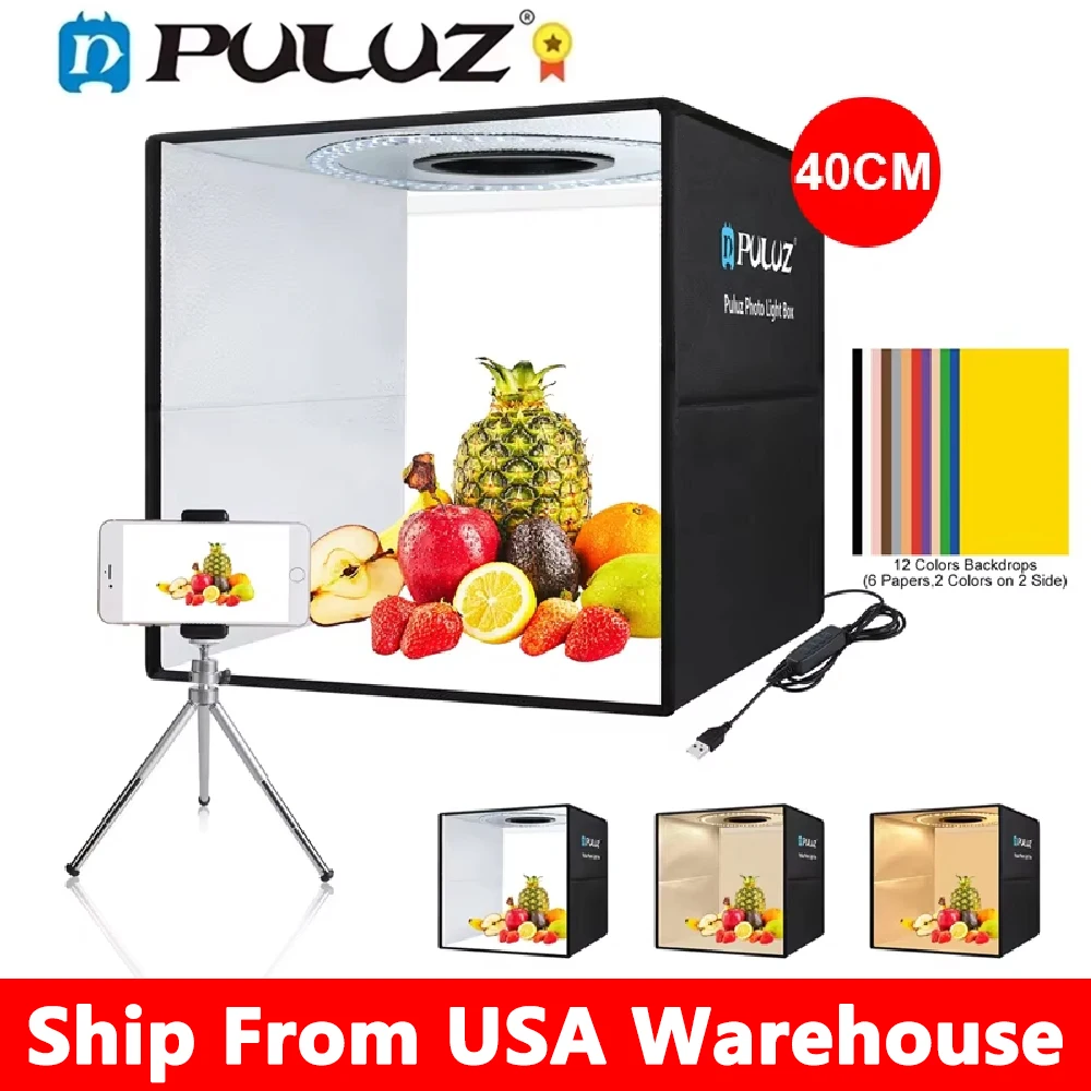 PULUZ 40CM Photography Lightbox,Photo Studio Light Box,Dimmable Softbox Photo Studio Shooting Tent Box Kit 6/12 Colors Backdrops