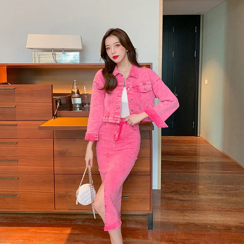 

Fashion Women Pink Denim Sets Lapel Short Denim Jacket Autumn High Waist Split Hem Denim Skirt Female Two Piece Sets Streetwear