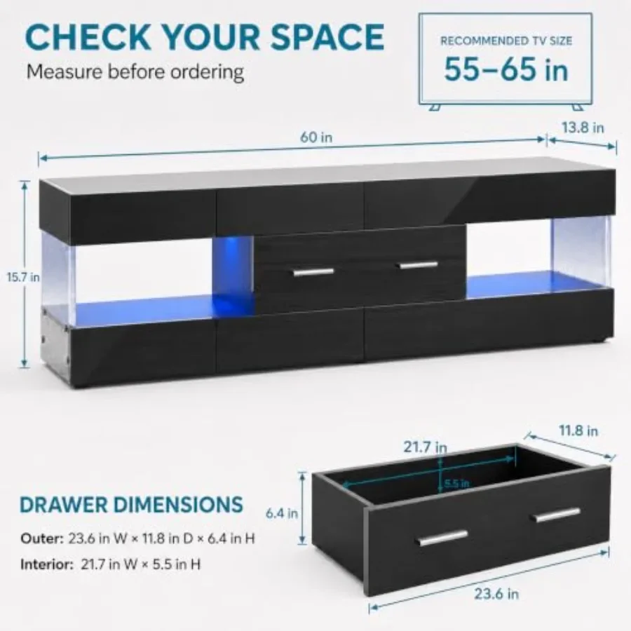 Modern TV Stand for Living Room, MDF Wood in Matte Black, Soft-Close Drawer and Cable Management