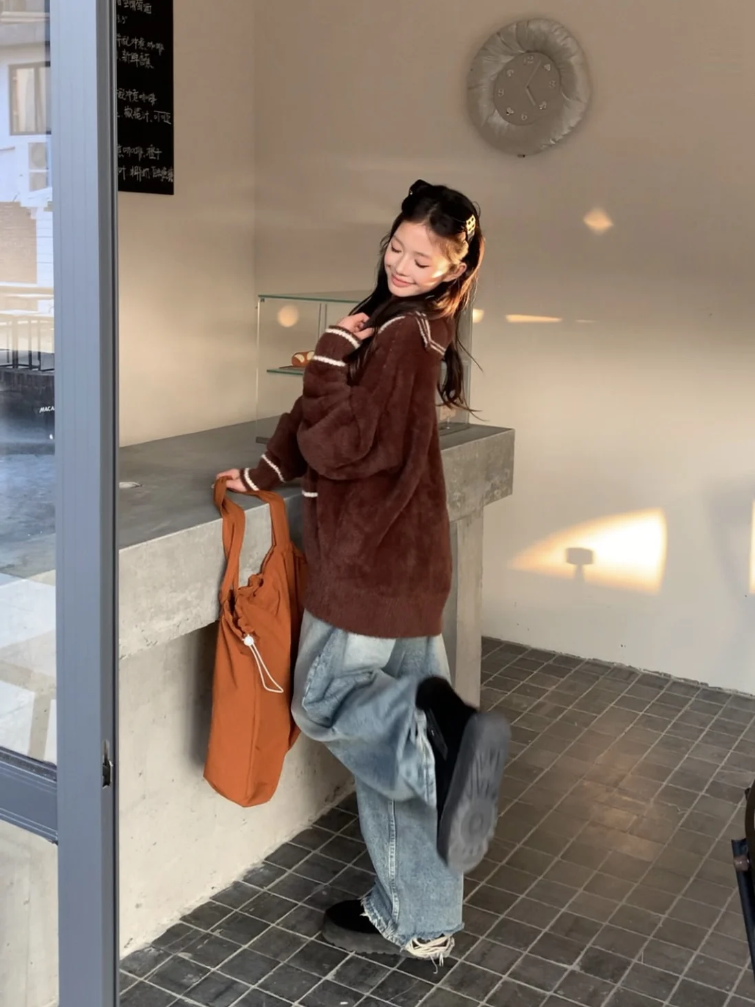 

Мягкий вязаный свитер с темно-синим воротником для женщин, свободный крой, осень-зима, корейский стиль, 3722LAB, топ с ромбовидным узором в университетском стиле