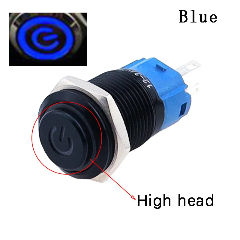 12mm 16mm 19mm 22mm High Head Led Metal Button with Light Waterproof  Reset Self Locking Oxidized Black Power  Symbol Switch