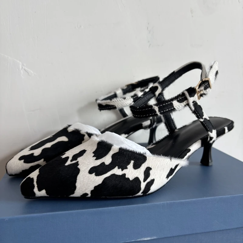 

Women Sandals Genuine Leather Summer Shoes Mid heels Horse Leather Leopard Print Ladies Sandals Large Size Closed Pointed Toe