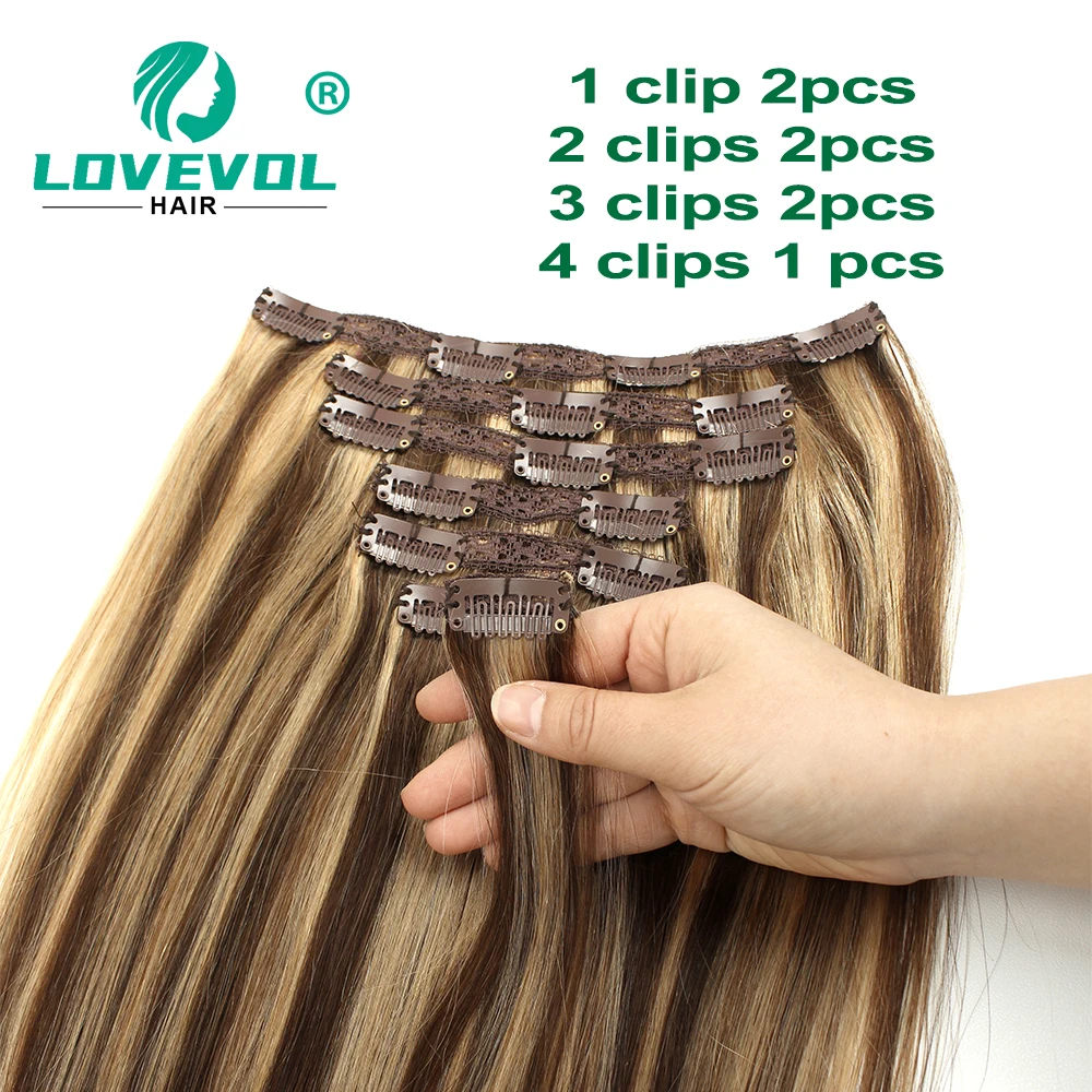 Lovevol-extensiones de cabello humano brasileño, pelo con Clip de Color Piano, serie voluminosa, trama doble, aumento de longitud, 7 unidades, 100g