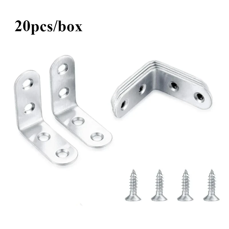 20pcs/box Heavy Duty Right Angle Brackets with Screws Stainless Steel Corner Braces 90 Degree L-Shaped Bracket for Shelf Cabinet