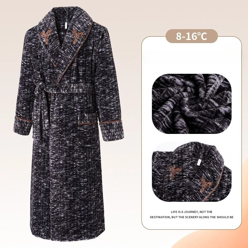 [ Extended ] Nightgown Men's Winter Flannel Fleece Thickened Thermal Bathrobe Men's Winter Coral Fleece Loungewear New Underwear