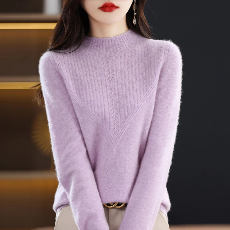 

Autumn Winter Fashion Pure Wool Knit Sweater Women Pullover Long Sleeve Half High Collar Warm Triangle Hollow Chic Cashmere Top