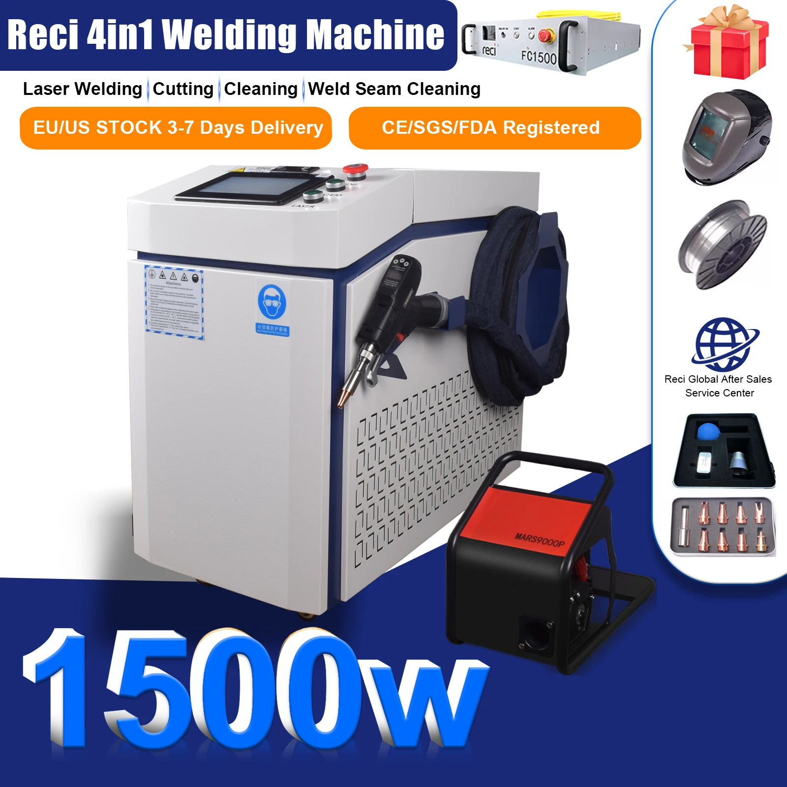 [EU/US STOCK] 1500W Laser Welding Machine 4 IN 1 Welder 1500W RECI Laser Source S&A Chiller for Metal Welding Cleaning Cutting