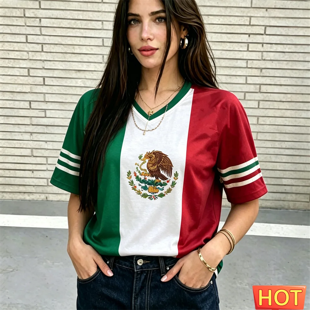 Mexico Eagle Print Women's T-Shirts Casual V-neck Short Sleeve Tee México Football Fan Female Clothing Summer Fashion Loose Tops