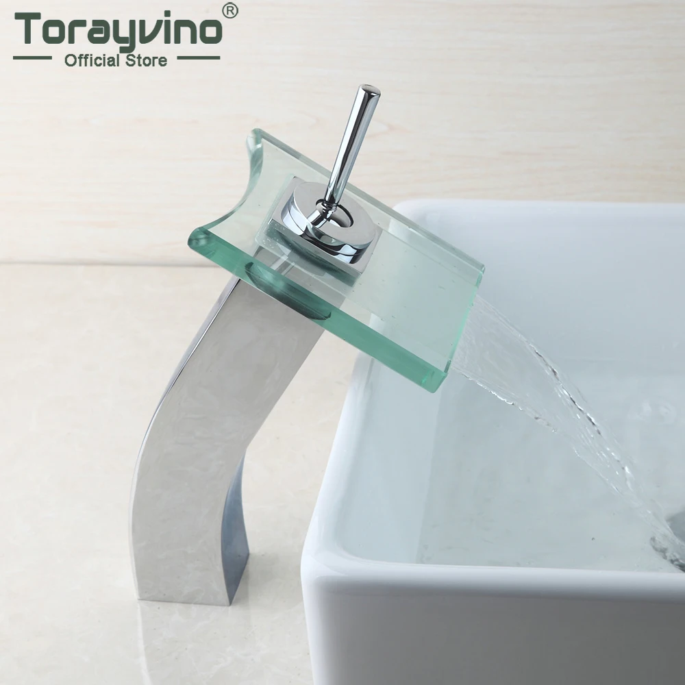 Torayvino Bathroom Faucets Basin Sink Deck Mounted Waterfall Single Handle Solid Brass Sink Faucet Hot And Cold Mixer Water Tap