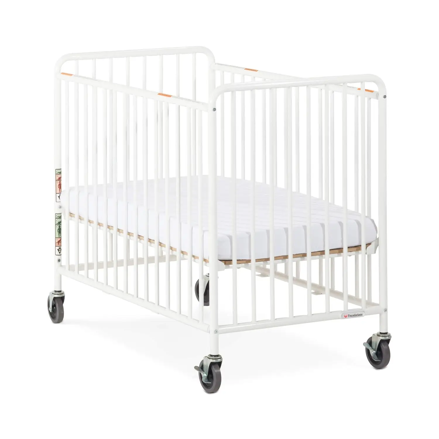 Chelsea Slatted Metal Compact Evacuation Crib, 3" Oversized Casters, Compact Mini Size, Nonporous, Easy to Clean Finish