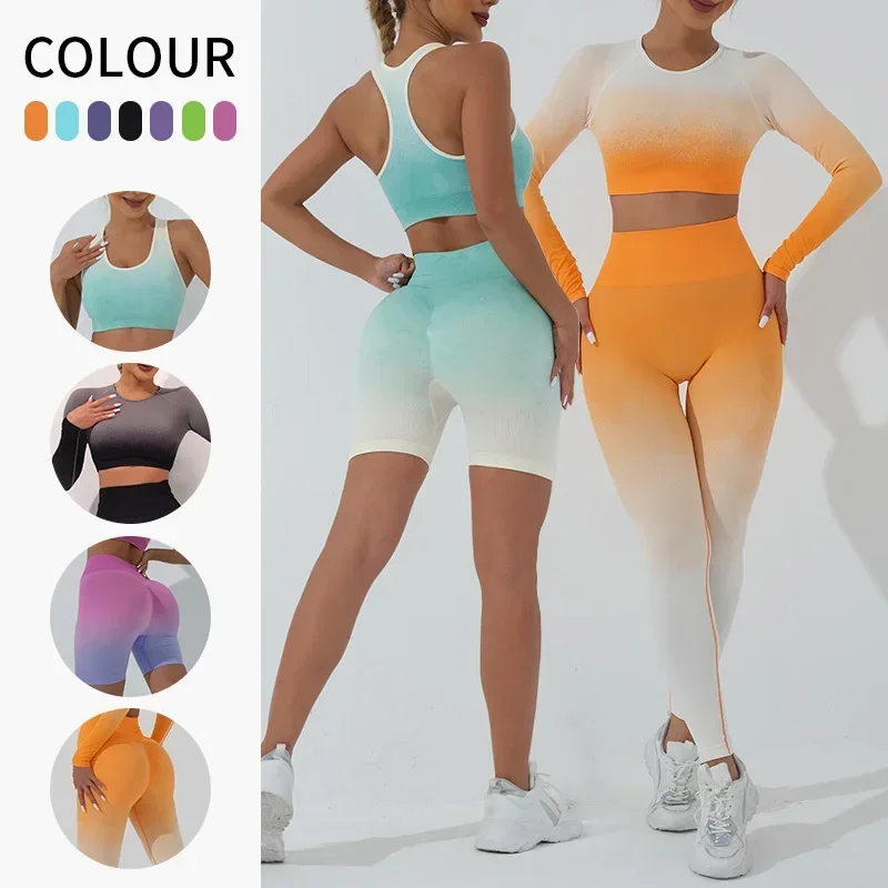 

Seamless Gradient Yoga Sets Sports Fitness High Waist Hip Raise Shorts Beauty Back Vest Suits Workout Gym Leggings Set for Women