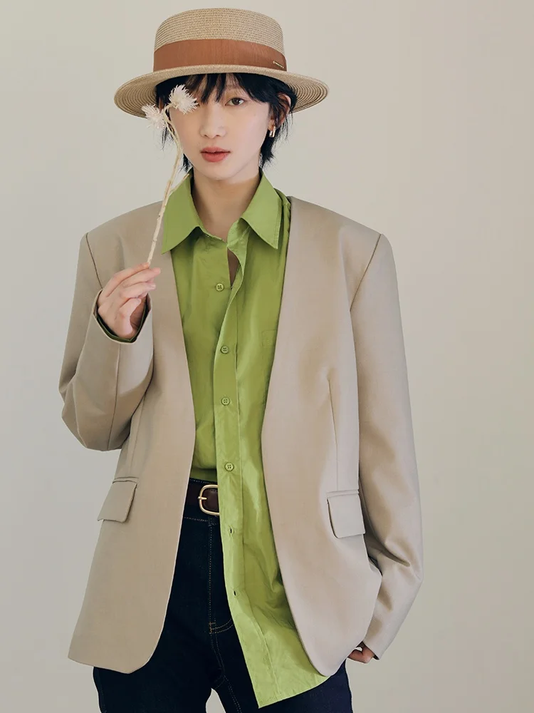 

Loose Fit ex Woolen Suit Jaet V-Ne Long Sve Spring New Design Faionable Versatile Wool Blend Coat for Women