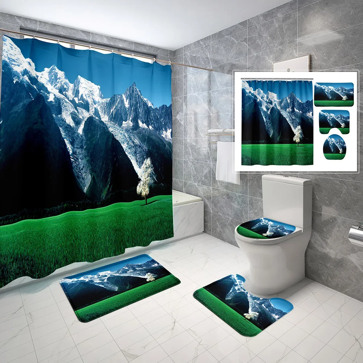 

Набор для ванной комнаты «Снежные горы»: водонепроницаемая шторка для душа с зимним пейзажем, крючки, нескользящий коврик и чехол для крышки унитаза