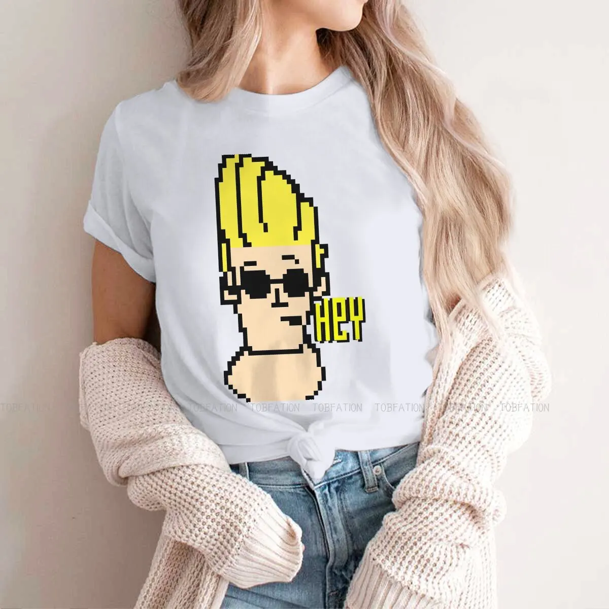 Pixel Art Funny Face Retro Vintage 8 Bit  5XL TShirt Johnny Bravo Bravo Cartoon Creative Tops Comfortable T Shirt Female