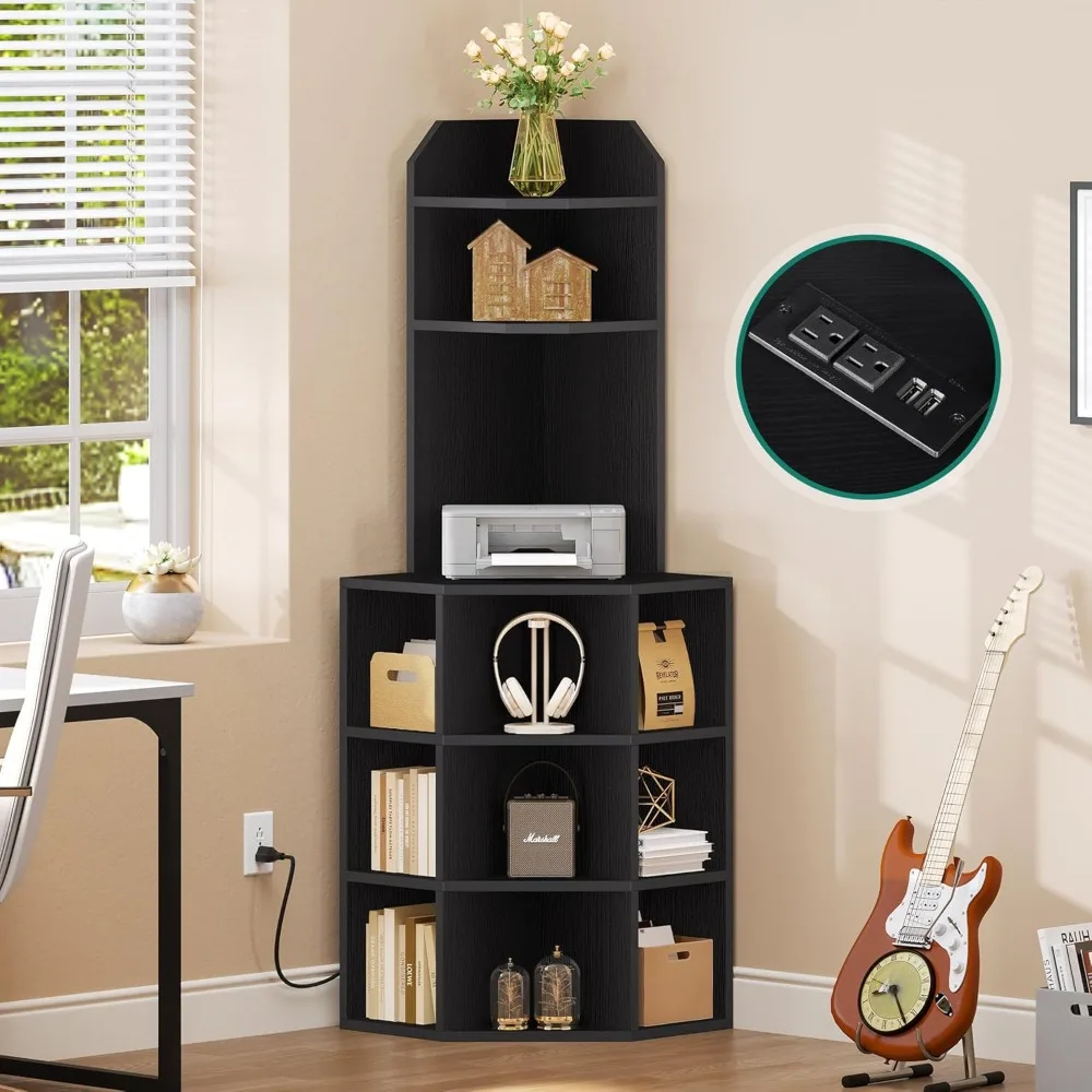 

Bookcases, Corner Shelf with USB Ports Outlets, Wooden Display Bookshelf Bookcase for Living Room Furniture and Bedroom