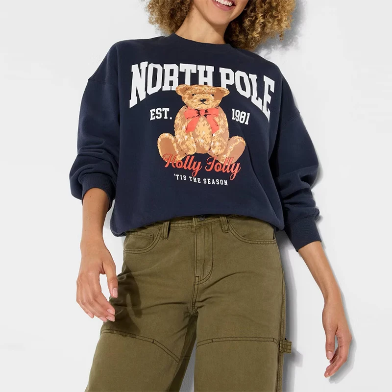 Lettere di moda Tendenza Cool Bear Stampa Felpa O-Collo Casual Pullover a maniche lunghe con cappuccio 2025 Donna Autunno Inverno Y2k Abbigliamento