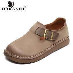 DRKANOL 2026 Handmade Genuine Leather Flat Shoes Women Retro Style Slip On Casual Loafers Soft Sole Literary Style Women Shoes