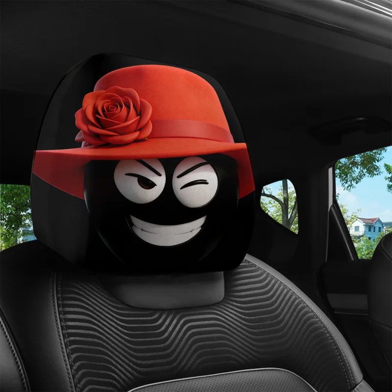 1/2 Pcs Car Headrest Covers | Red Rose Hat Winking Smiley Design | For Personalized Car Decor