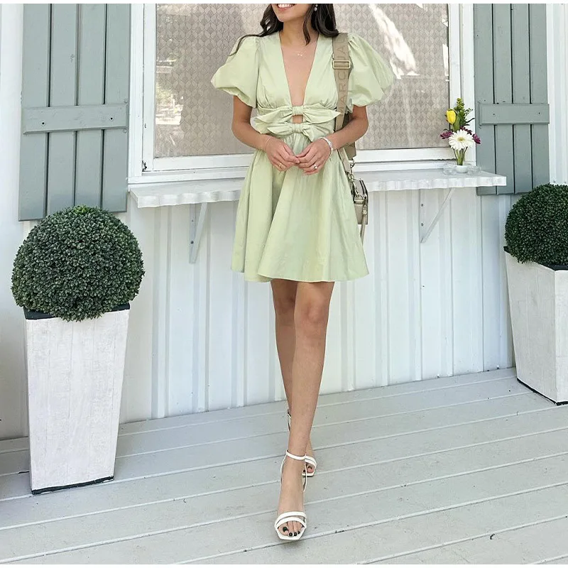 New European and American cross-border women's clothing wholesale women's bubble sleeve bow decoration elastic waist dress