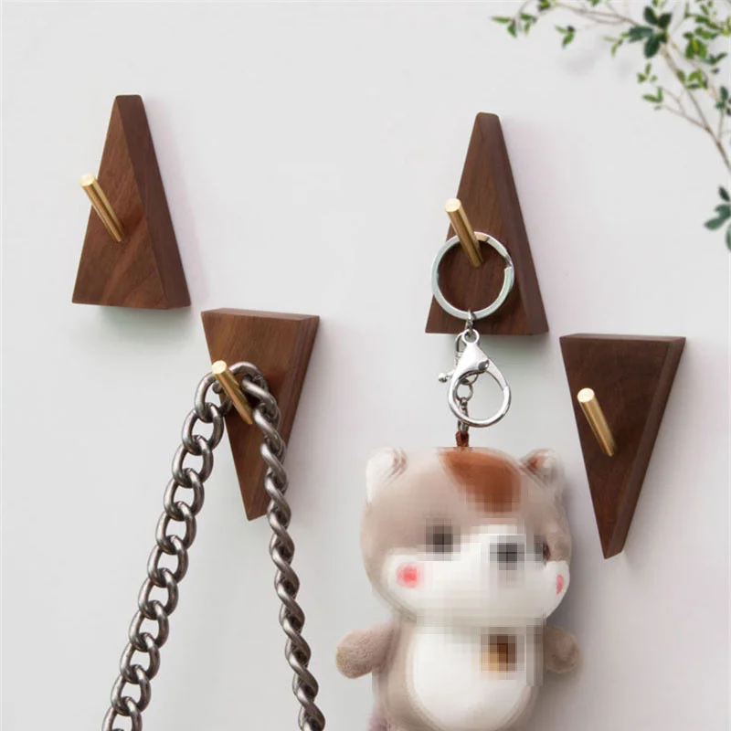 Triangle Shape Brass Solid Wood Hooks Multi-Purpose Key Holder Decoration Wall Coat Rack Door Clothes Storage Home Organizer