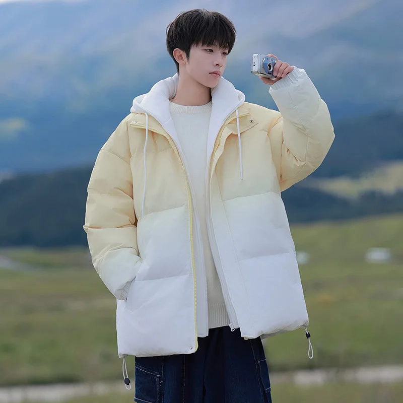 2025 Winter Men Down Jacket Gradient Color Hooded Man Fake Two-piece Coat Thicken Long Sleeve Loose Versatile Male Outerwear