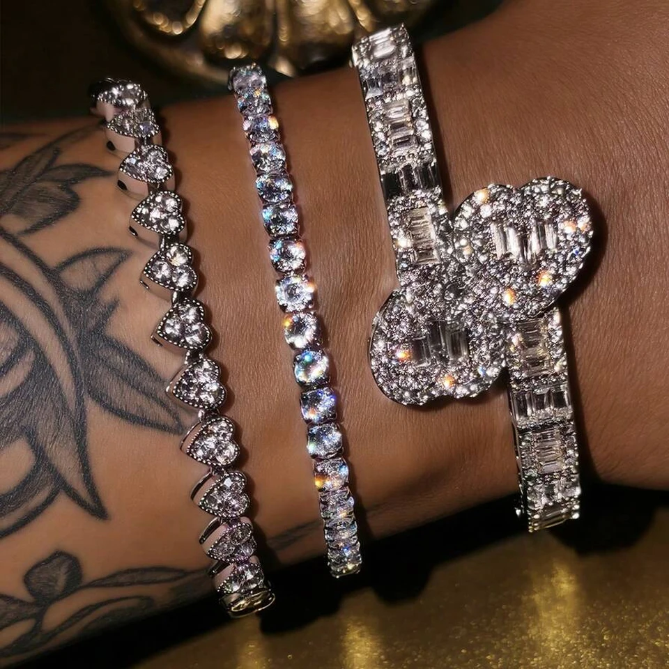 Yupsk 3pcs/Set Hip Hop Rock Fashion Baguette Rhinestone CZ Heart Tennis Bracelet Luxury Rapper Hiphop Jewelry Gift