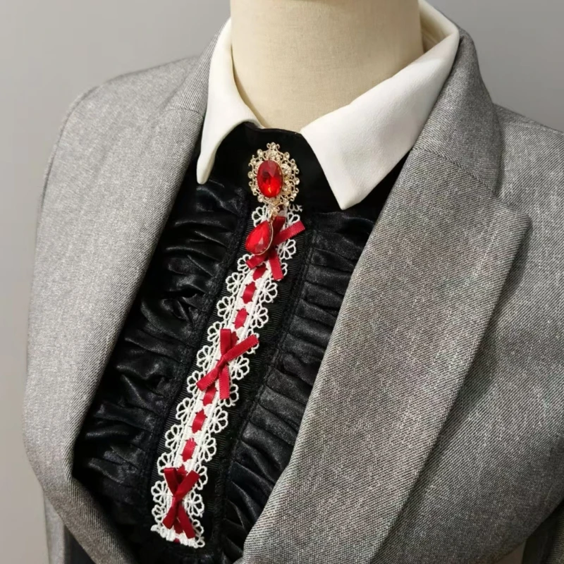 Victorian Colonial Ruffle Satins Jabot False Collar Crystal Necktie Medieval Costume Shirt Front Detachable Blouse Neck Collar