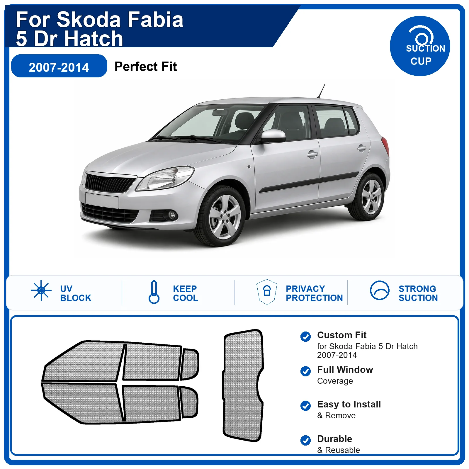 For Skoda Fabia 5 Dr Hatch 2007-2014 Custom Full Set Windshield Sun Shade Aluminum Foil Heat Insulation Anti UV Foldable