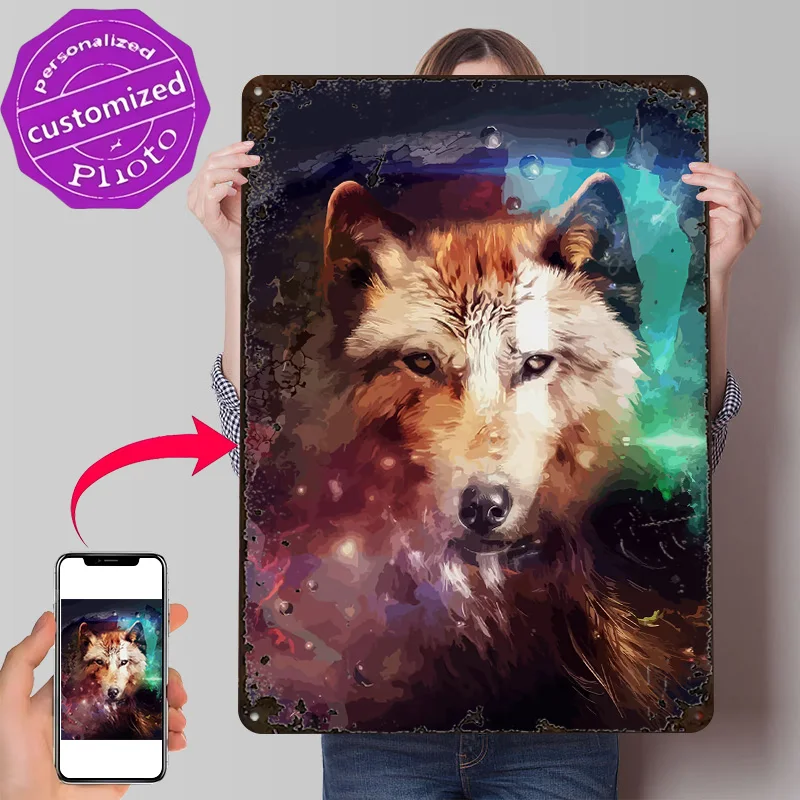 Wolf 3D Texture Metal Poster Customized Wall Art Tin Sign Gift for Mancave Desk Decor Room Article Decoration Gaming Wand Deko