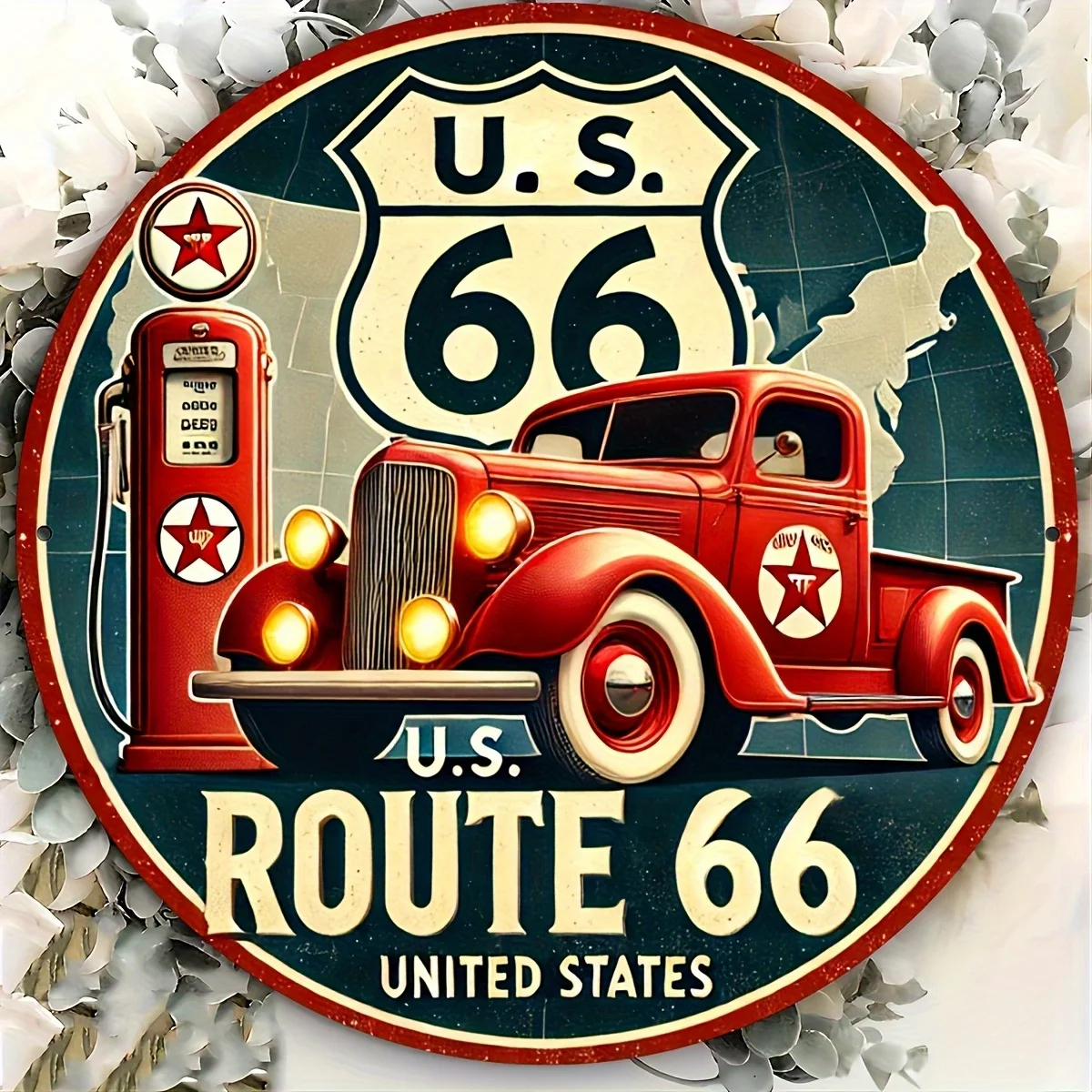 Panneau d'art mural en métal plat 2D Vintage Route 66, Plaque décorative ronde en aluminium de 8x8 pouces avec conception de voiture classique et de pompe à gaz, 1 pièce