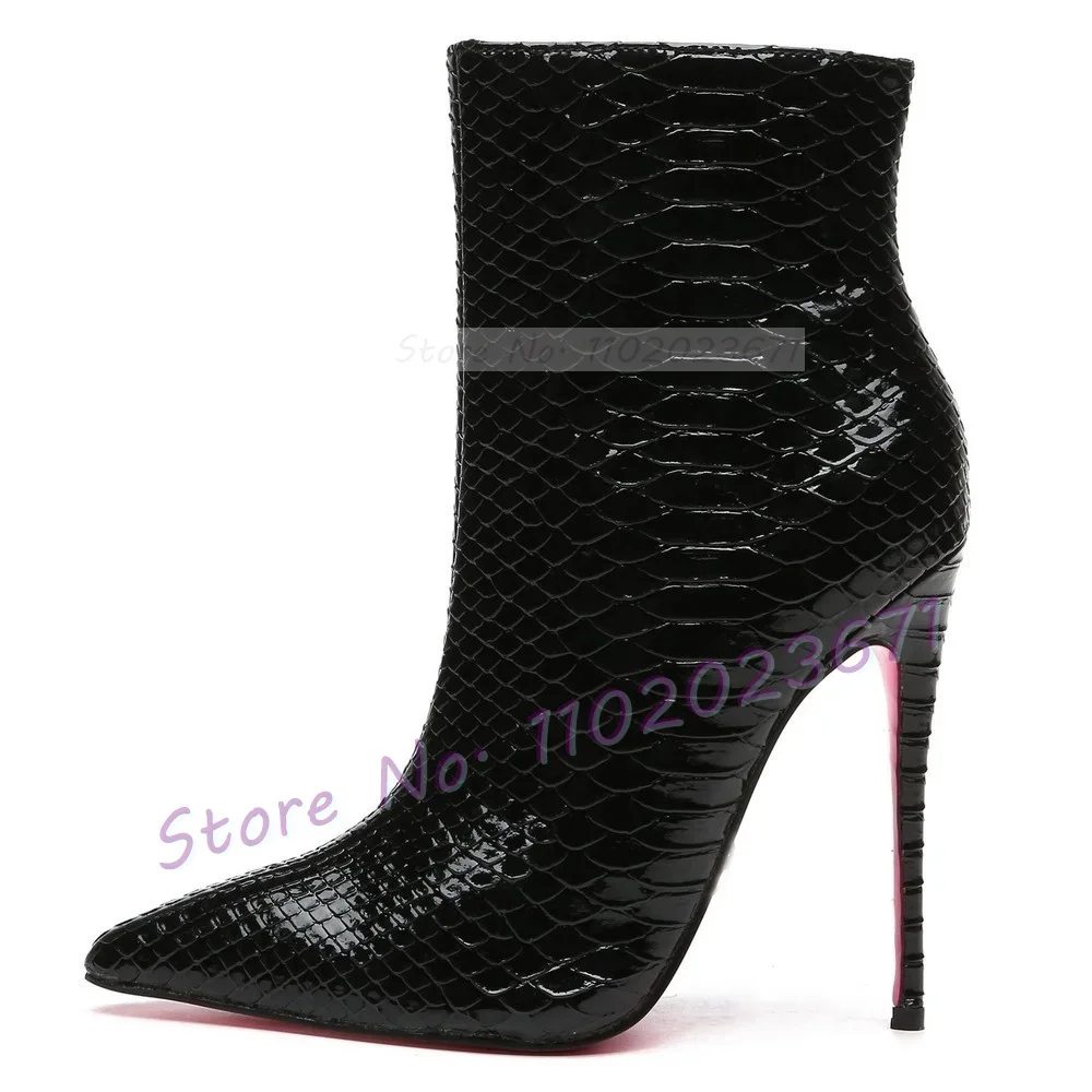 Pink Sole White Ankle Boots Women Pointed Toe Stylish Patent Leather High Heels Boots Female Elegant Casual Crocodile Shoes